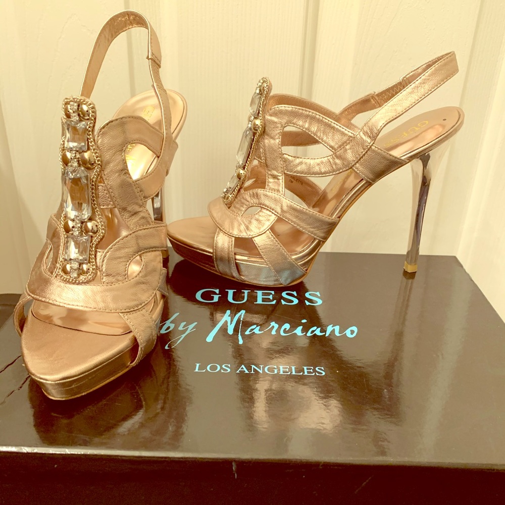Gold and leather jeweled strappy stilettos